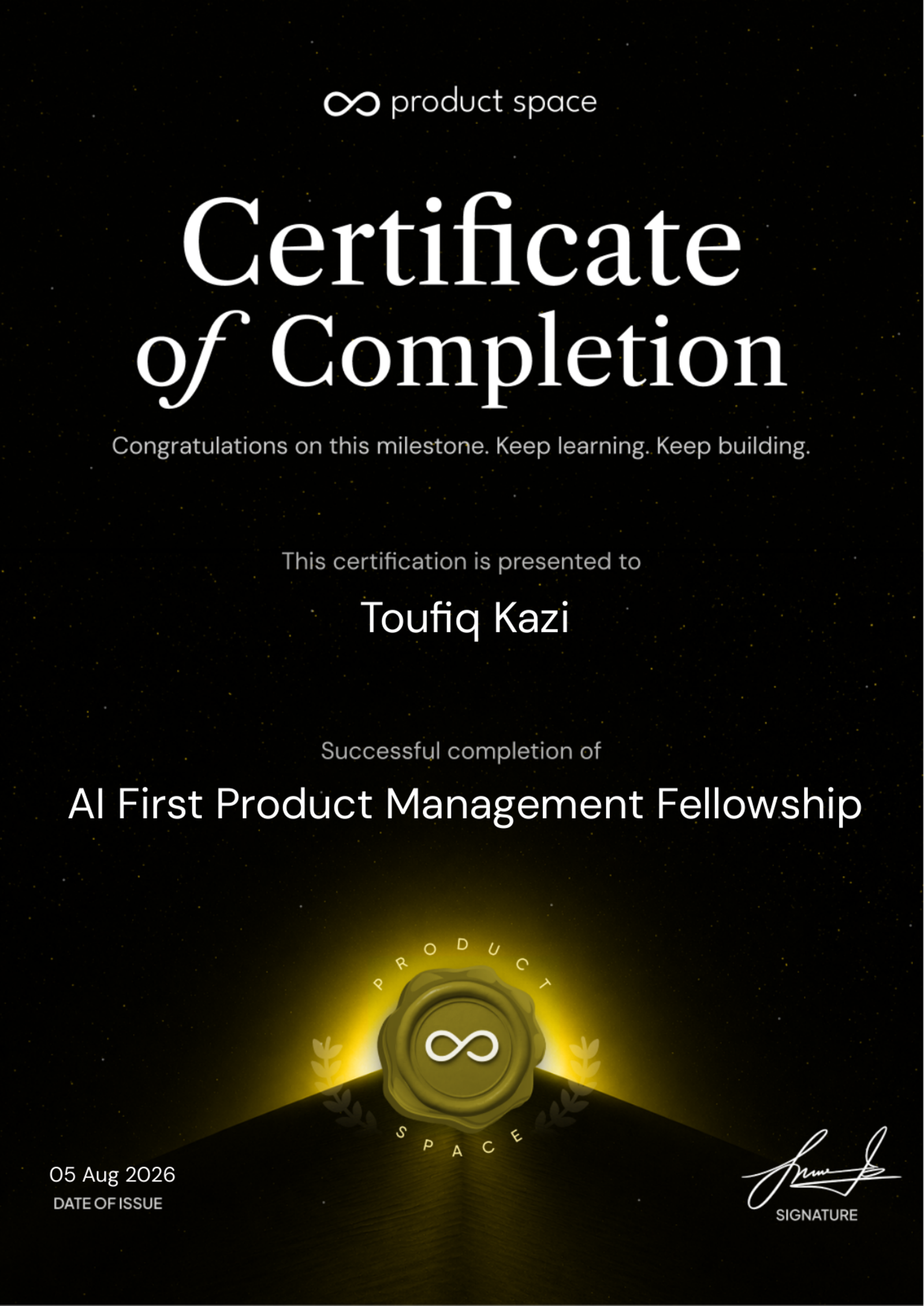 AI First Product Management Fellowship certificate issued by Product Space